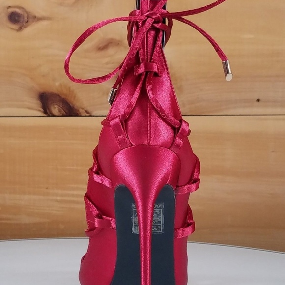 FASHION NOVA RED SATIN LACE UP HIGH HEEL SANDALS - Picture 3 of 4